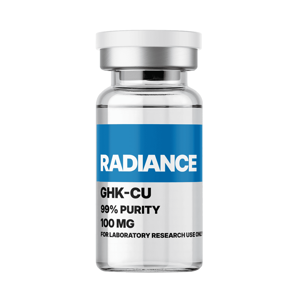 A clear glass vial labeled Radiance GHK-CU 99% Purity 100 MG for laboratory research, highlighting amino acid supplement for skin health and anti-aging benefits.