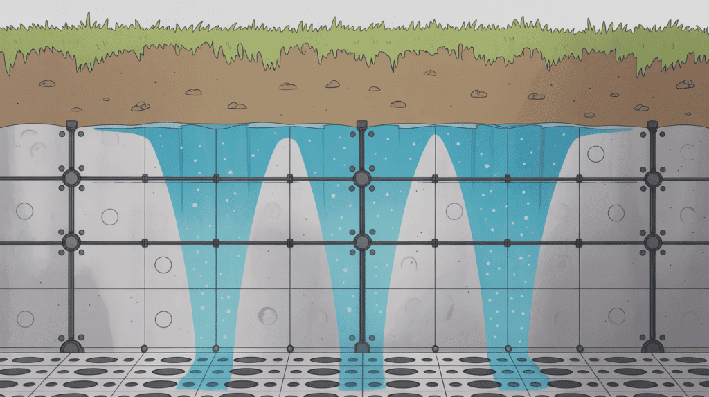 Drain pour mur de soutènement en coupe avec tuyau perforé et graviers