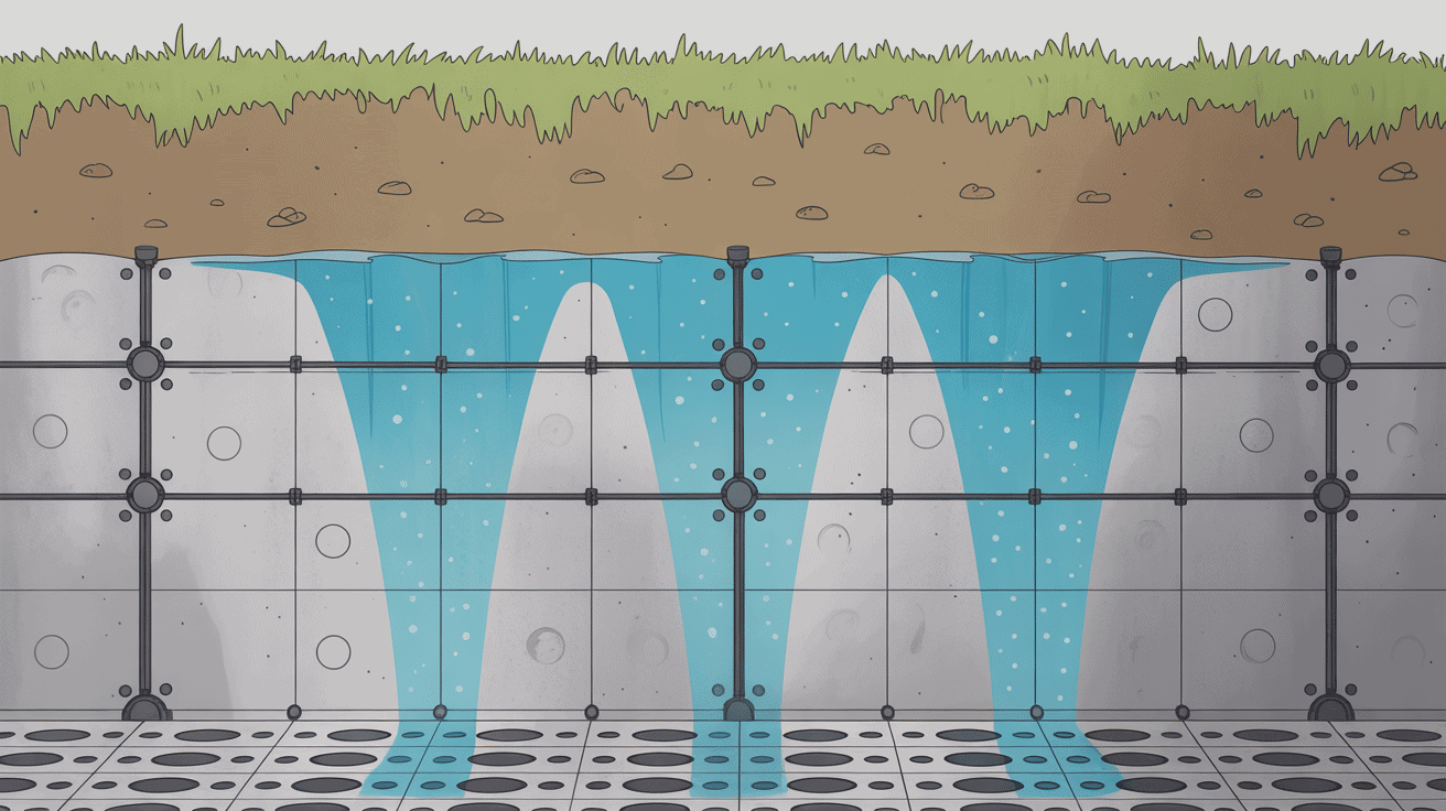 Drain pour mur de soutènement en coupe avec tuyau perforé et graviers