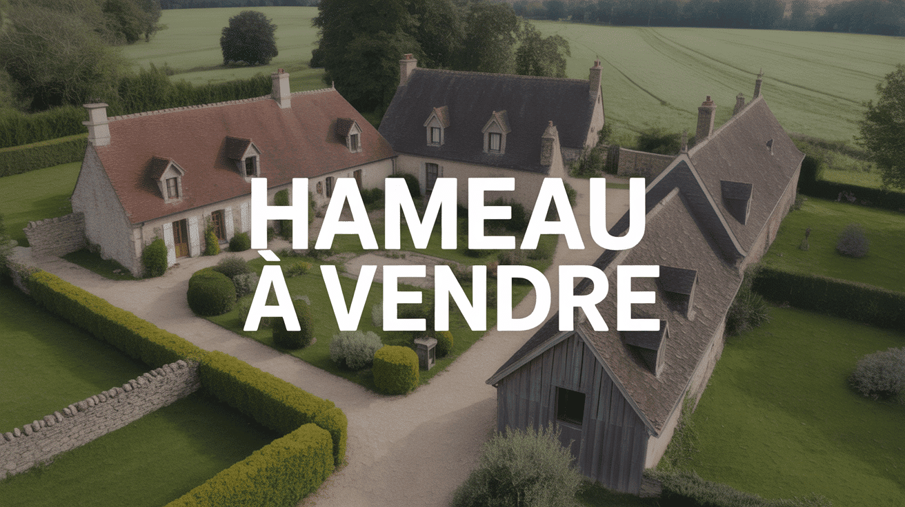 hameau a vendre vue aerienne batiments pierre champs