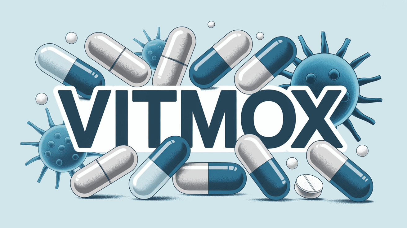 Vitmox gélules et comprimés sur fond bactéries stylisées