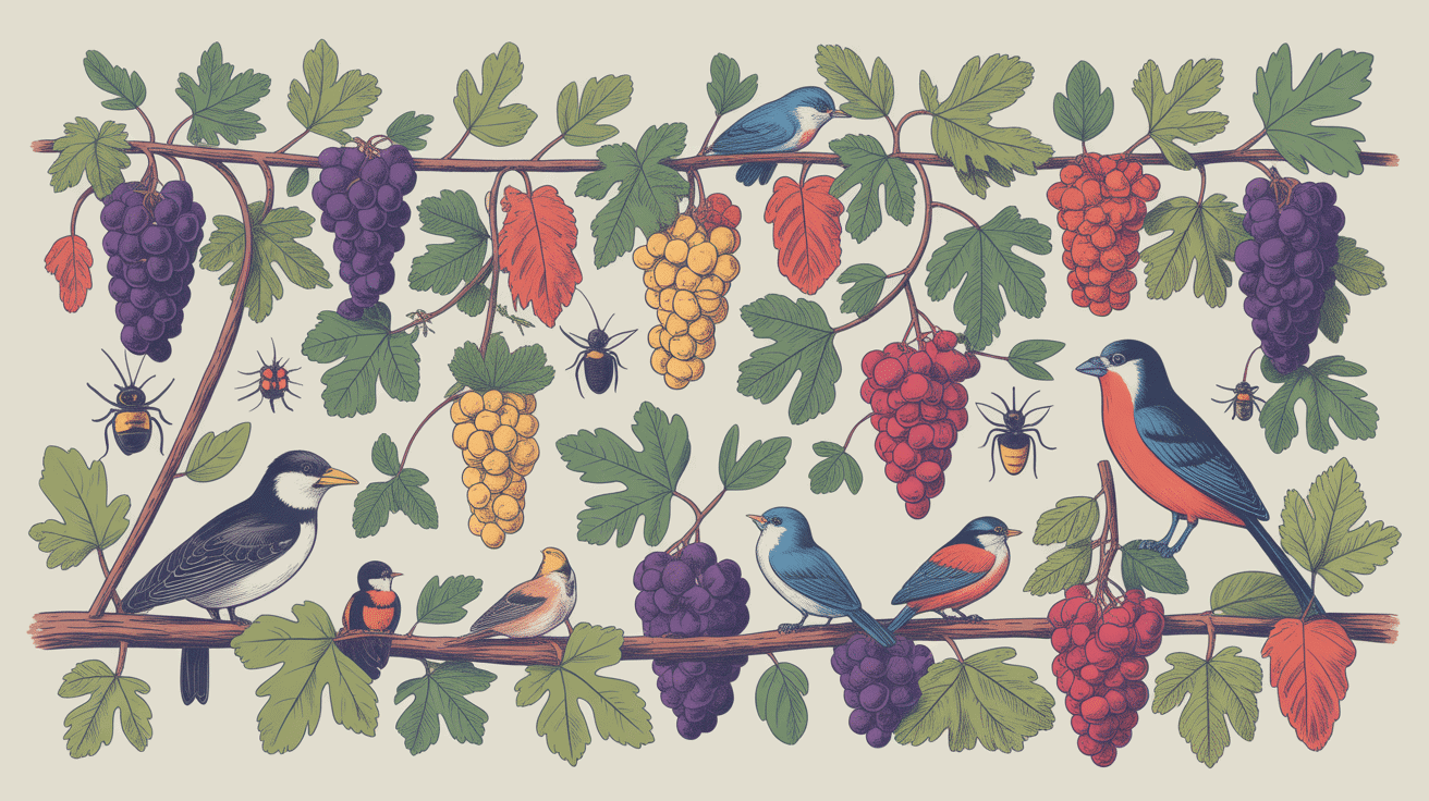 Haie vigne dense avec oiseaux et raisins