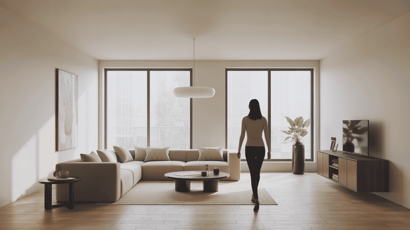 Personne dans salon hauteur sous plafond 2m40 mobilier bas