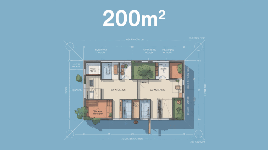 Vue plan technique de 200m2 avec zones d'amenagement