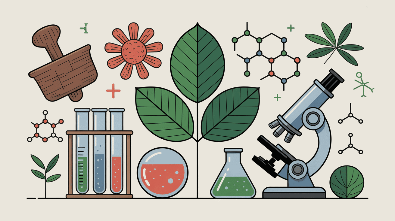 Senesene bienfaits science tradition illustration mortier tube plante