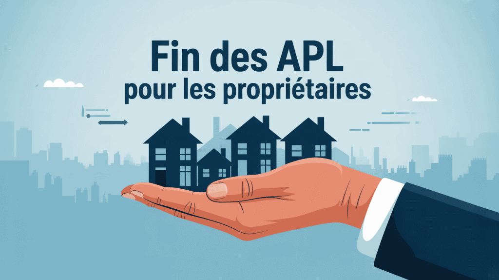 Illustration de la fin des APL pour les propriétaires, main se retirant au-dessus de maisons