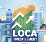 illustration loca investissement avec immeubles et symboles de gestion