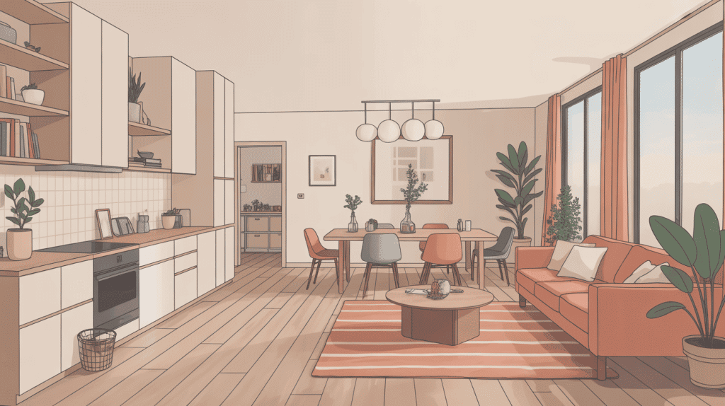 Vue générale amenagement salon salle à manger 20m2 moderne