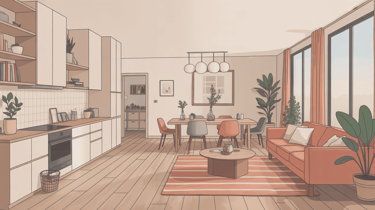 Vue générale amenagement salon salle à manger 20m2 moderne