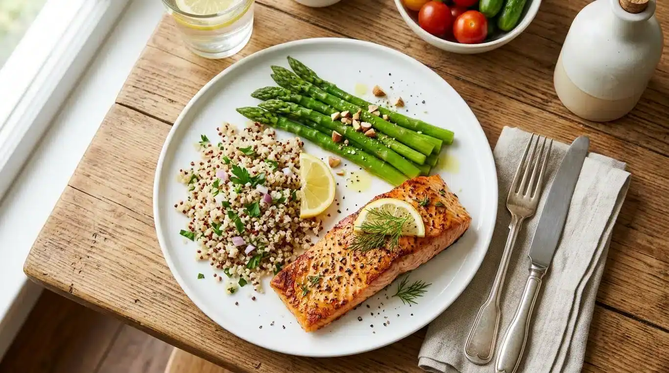 Assiette équilibrée avec saumon, asperges et quinoa pour un régime sain