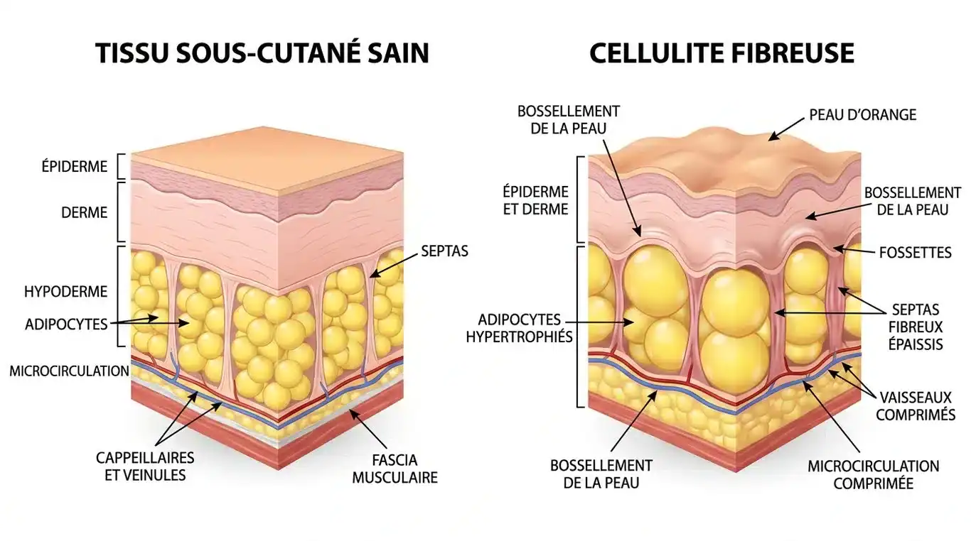 Schéma comparatif : peau saine versus cellulite fibreuse incrustée