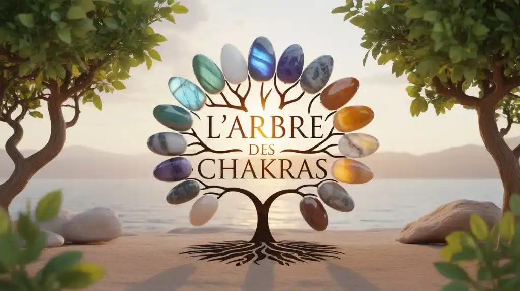 Illustration L’Arbre des Chakras avec arbre et pierres naturelles colorées