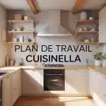 Cuisine stylisée avec plan de travail Cuisinella en bois béton pierre