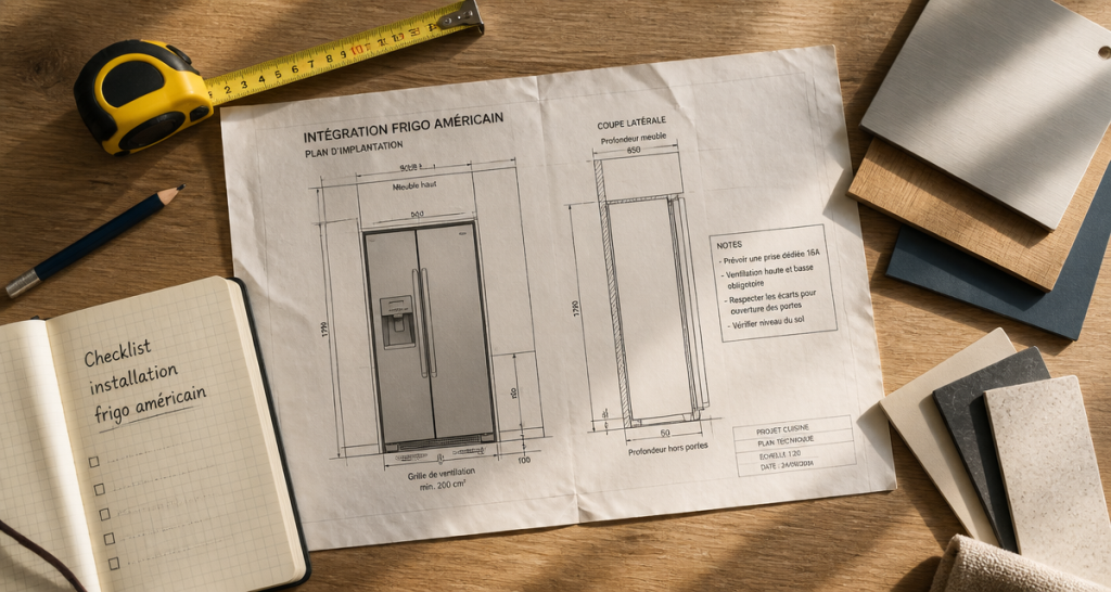 comment intégrer un frigo américain dans une cuisine flat-lay