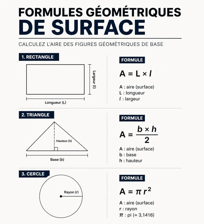 Schéma des formules de base pour calculer une surface : rectangle, triangle et cercle