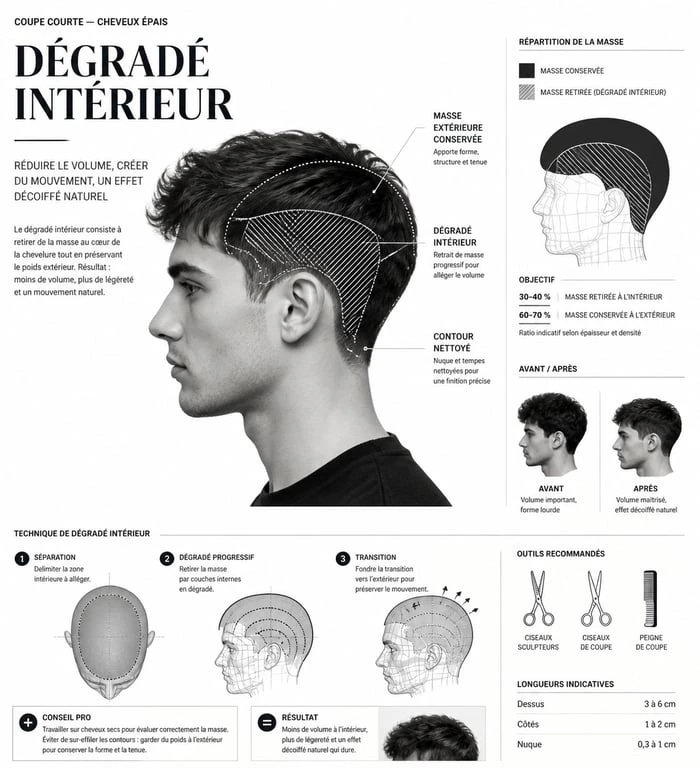 Schéma technique de coupe courte pour cheveux épais avec dégradé intérieur pour un effet décoiffé