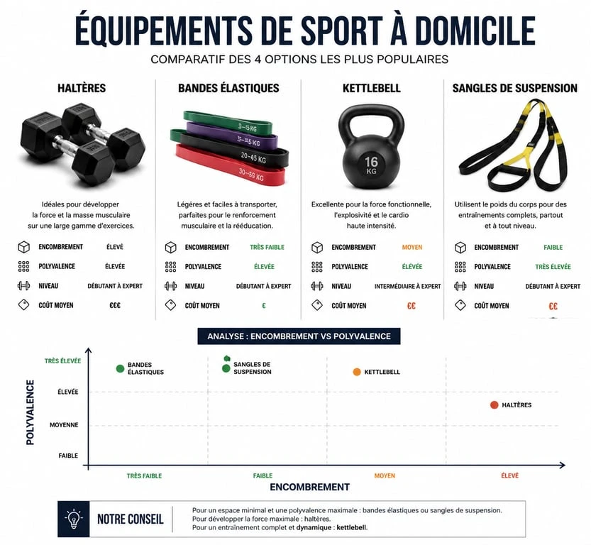 Infographie comparative du matériel de sport maison : haltères, élastiques, kettlebell et sangles de suspension
