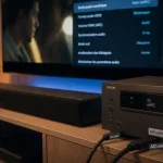 Branchement home cinema : câbles HDMI ARC/eARC sur TV et barre de son