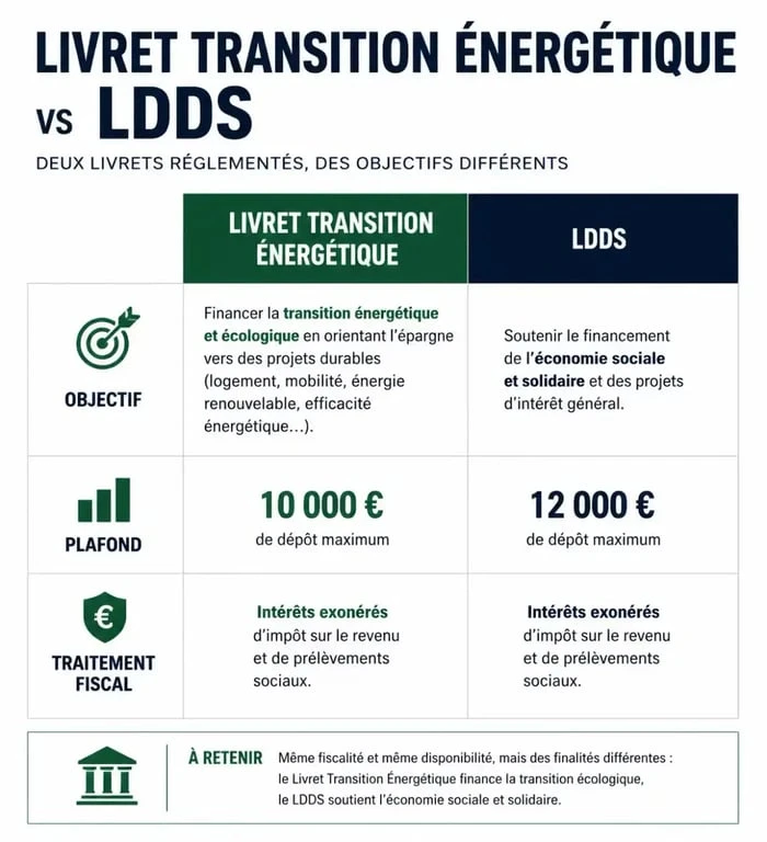 Comparatif visuel entre le livret transition énergétique et le LDDS pour comprendre les différences de placement.