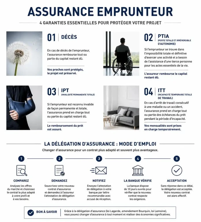 Infographie explicative sur les garanties de l'assurance obligatoire pour un prêt immobilier et la délégation d'assurance