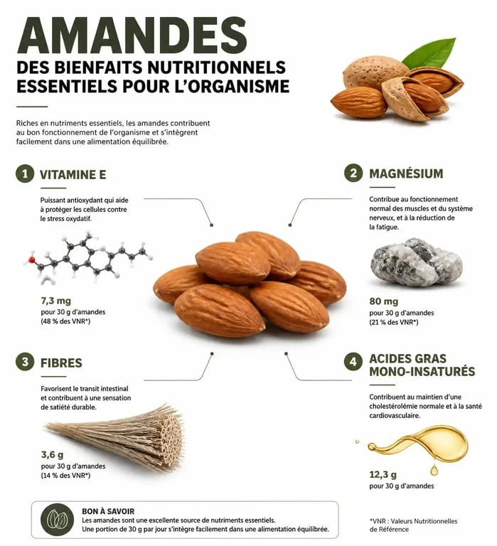 Infographie des bienfaits des amandes pour la santé et profil nutritionnel