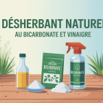 illustration recette désherbant naturel bicarbonate et vinaigre en pulvérisation sur allée