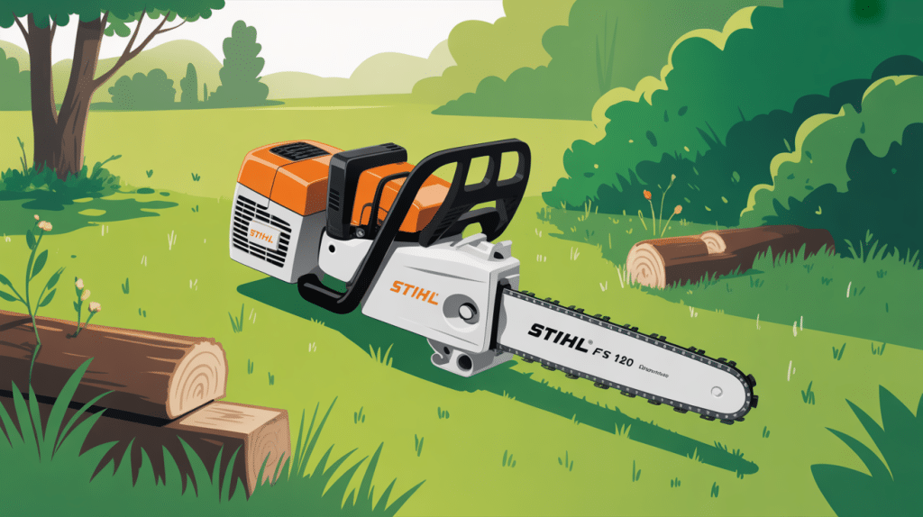 Illustration stihl fs 120 en fonctionnement dans un jardin