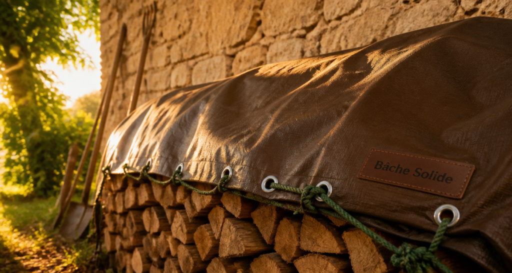 bache solide brune recouvrant bois avec fixation