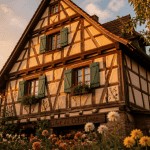Colombage maison vue jardin fleurs