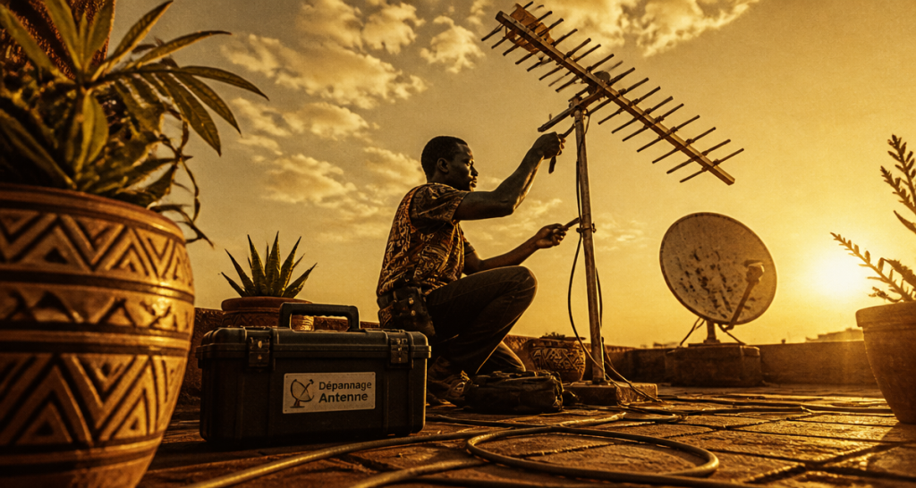 dépannage antenne tv technicien ajuste antenne sur toit
