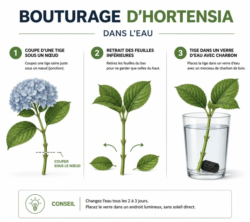 Étapes illustrées pour réussir le bouturage d'un hortensia dans l'eau