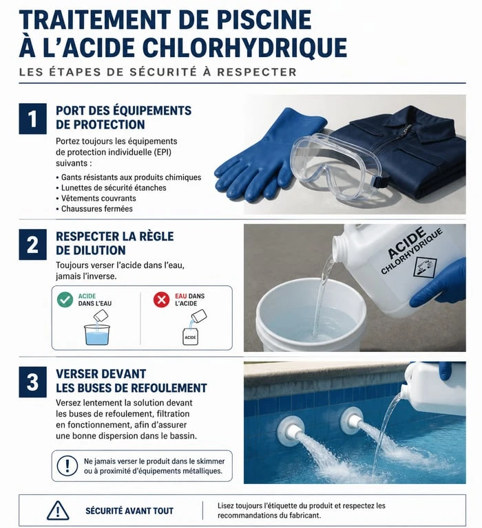 Infographie des étapes de sécurité pour le dosage d'acide chlorhydrique dans une piscine