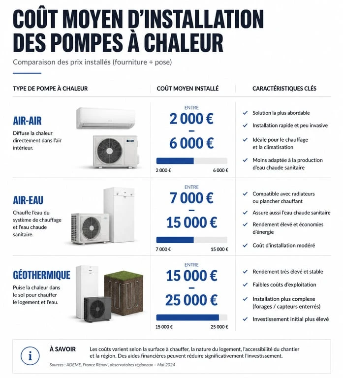 Comparatif des prix moyens d'installation d'une pompe à chaleur clim réversible selon la technologie