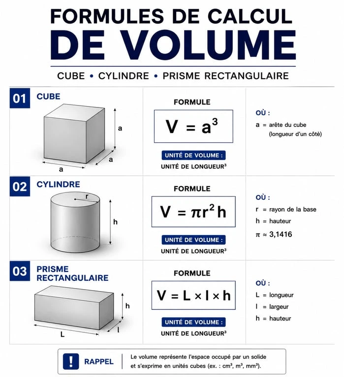 Formules de calcul de volume en mètres cubes pour différentes formes géométriques