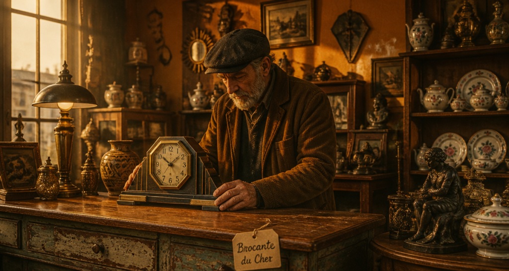 Les brocanteurs du Cher inspectent une horloge Art Déco
