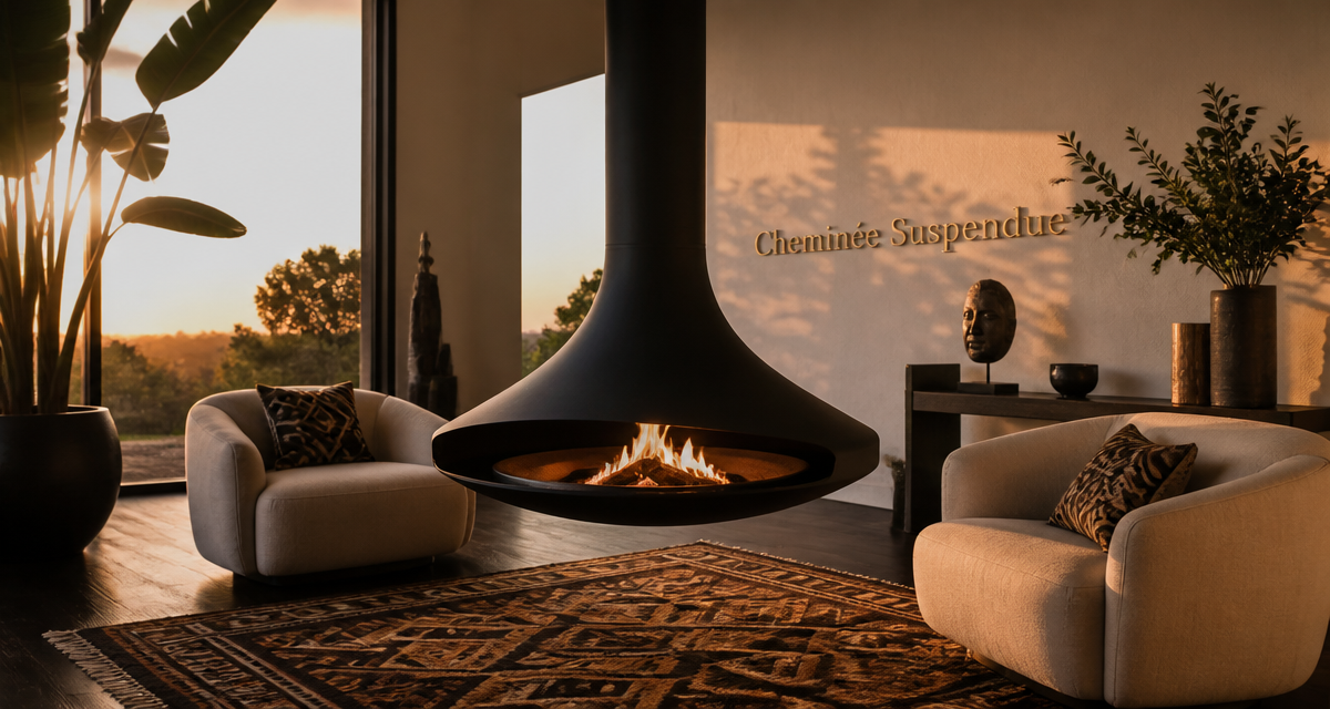 cheminée suspendue prix dans salon moderne