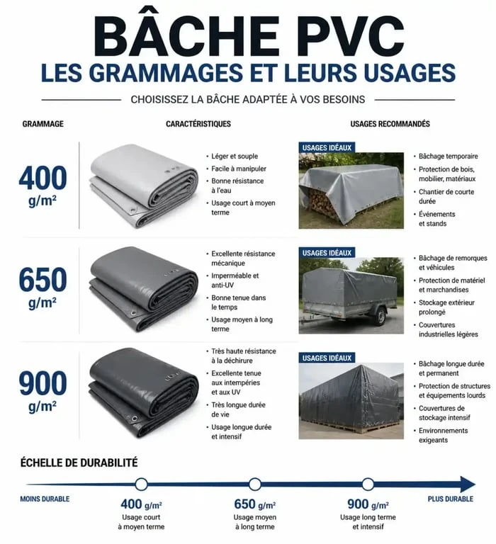 Infographie comparative des grammages et usages de bâche PVC pour choisir la protection adaptée