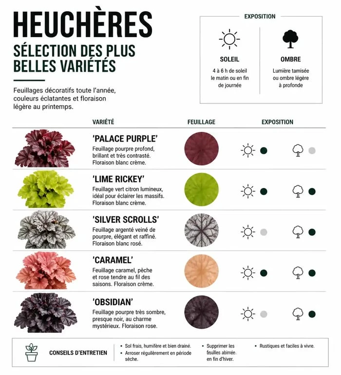 Infographie comparative des plus belles variétés d'heuchères pour le jardin
