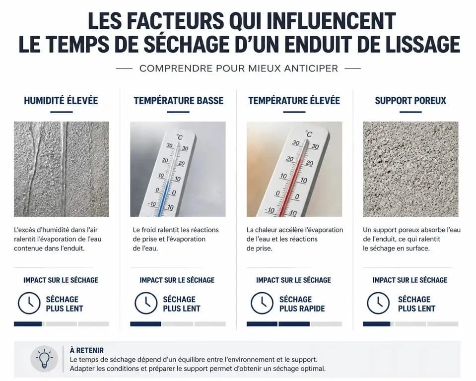 Infographie des facteurs influençant le temps de séchage de l'enduit de lissage avant ponçage