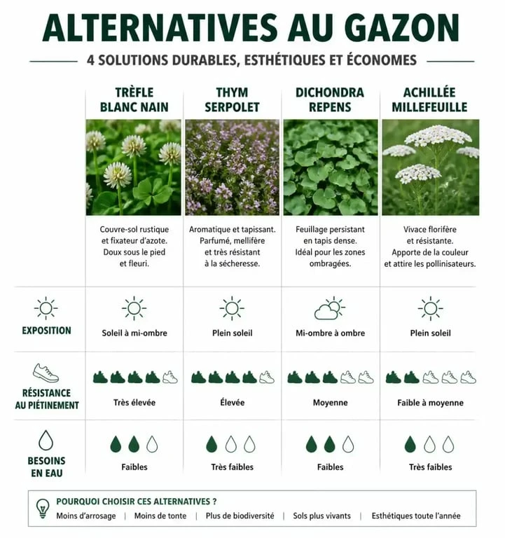 Tableau comparatif des alternatives au gazon pour remplacer la pelouse traditionnelle