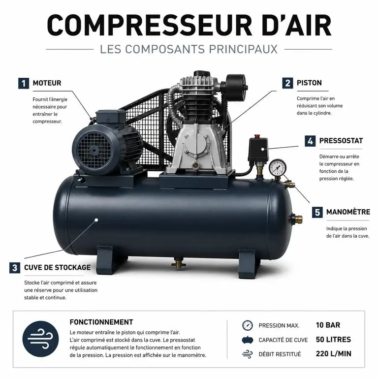 Schéma explicatif des composants d'un compresseur d'air pour comprendre à quoi sert un compresseur