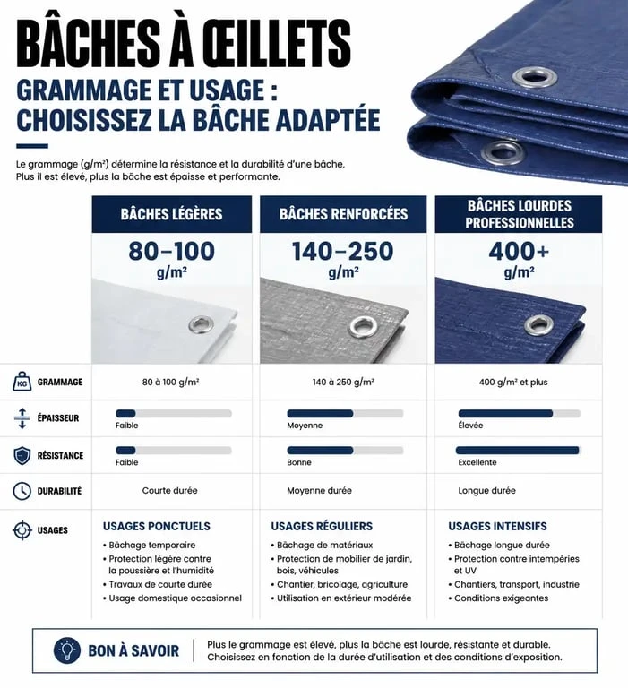 Tableau comparatif des grammages de bâche à œillets pour choisir la protection adaptée à votre usage
