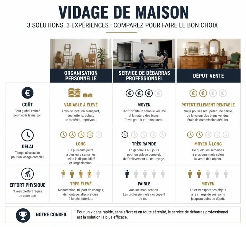 Comparatif des solutions pour un vide maison à Roanne : organisation personnelle, débarras professionnel ou dépôt-vente.