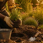 Que planter en juillet août fleurs : jardinier arrose une motte, godets en terre sombre