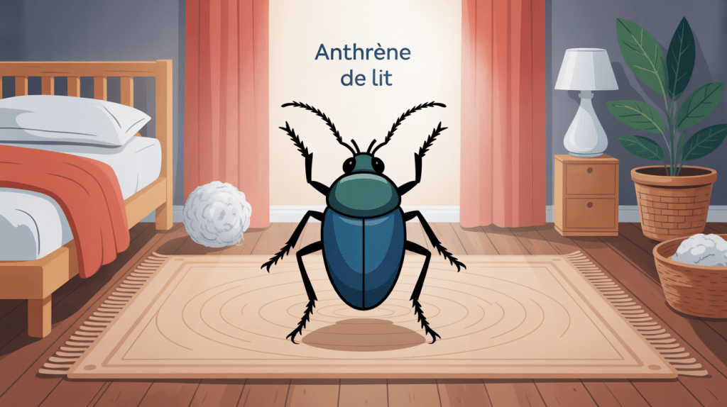 Illustration anthrene de lit sur tapis abimé et textiles