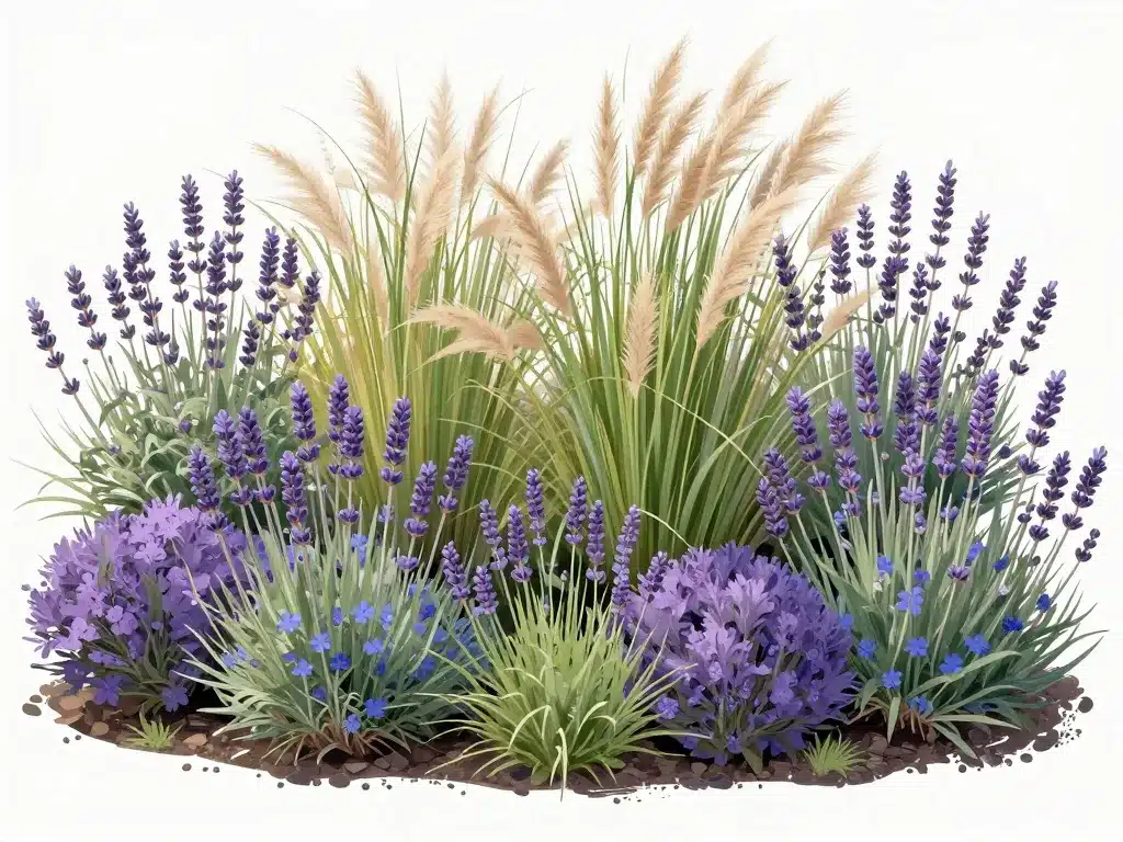 composition équilibrée bordure lavande et graminées