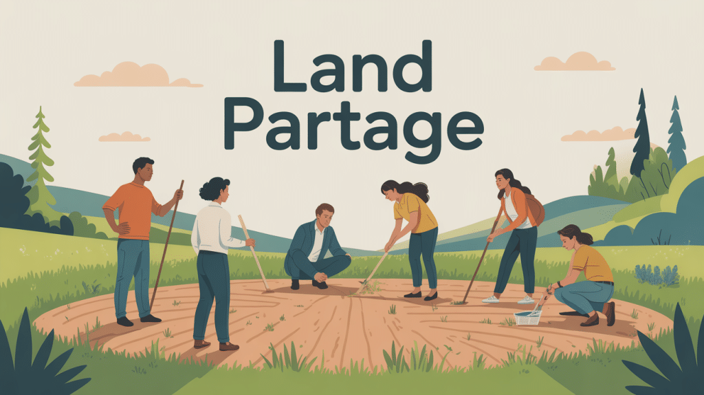 Scène land partage, personnes autour d'un terrain, planification collaborative