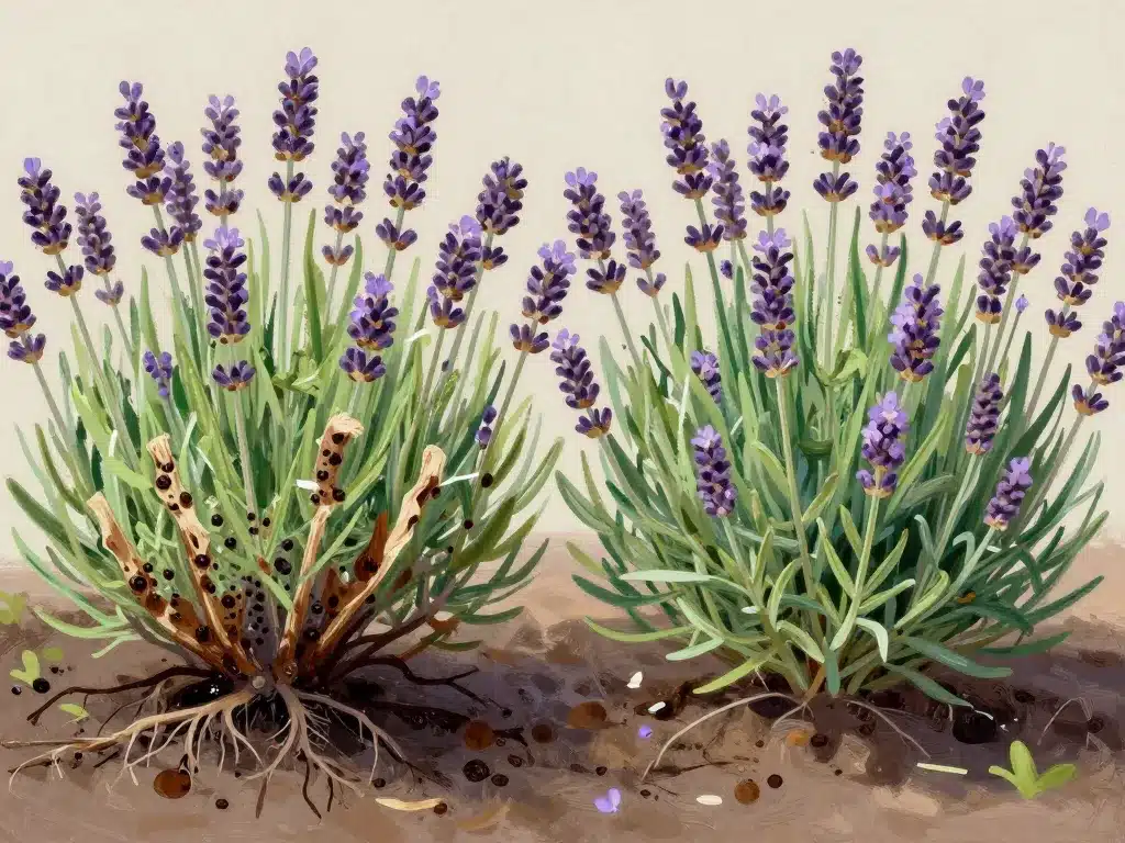 Illustration maladie lavande qui sèche taches racines fanées
