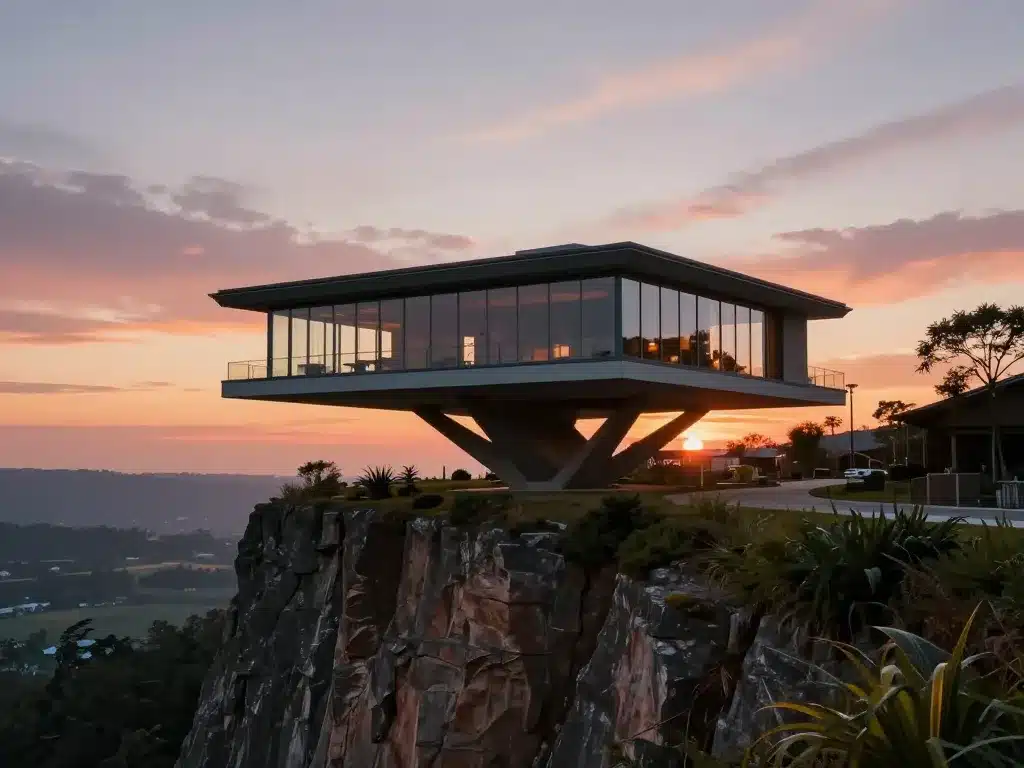 manoir suspendu moderne sur falaise coucher de soleil