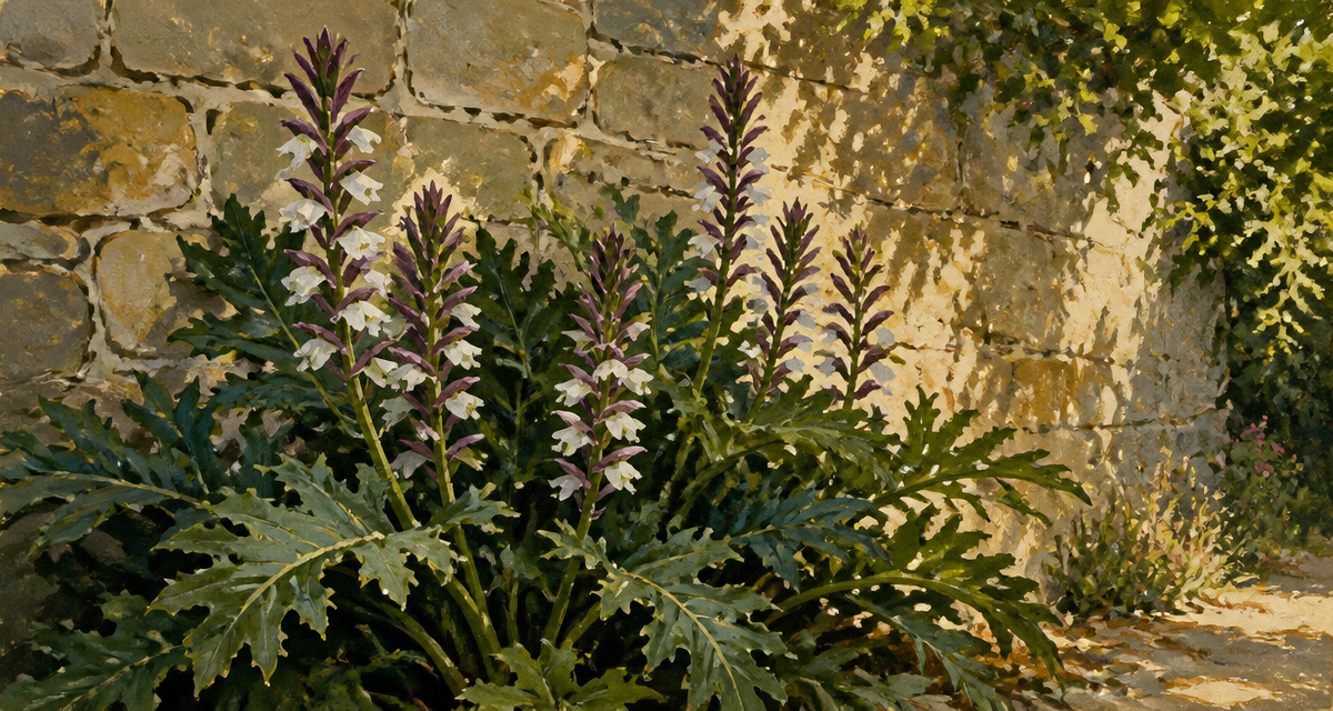 acanthe plante floraison devant mur pierre
